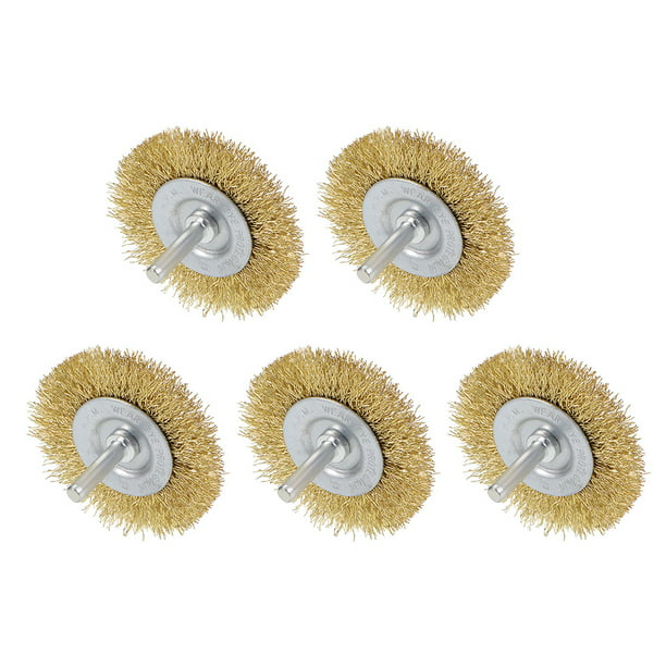 3-Inch Wire Wheel Brush Bench Brass Plated Crimped Steel 1/4-Inch Shank 5 Pcs